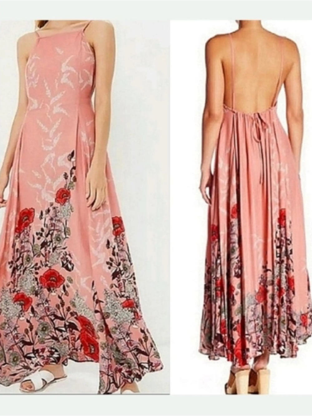 Free People Floral Pink Maxi Dress with Open Back Boho Beach XS
